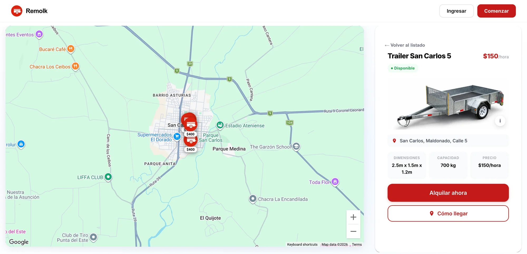 Remolk’s real product on desktop: map, asset detail and availability.