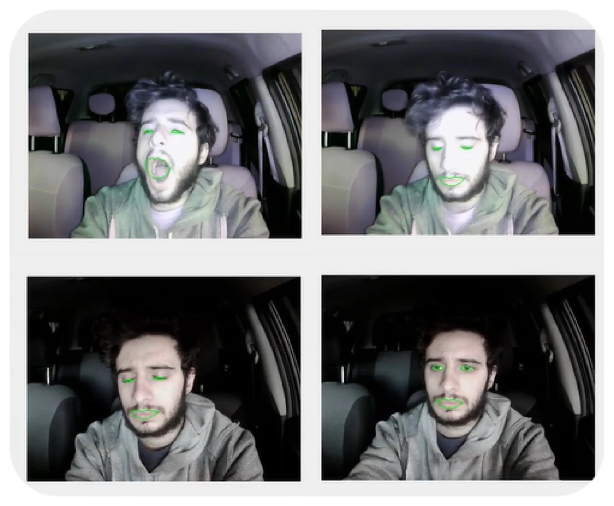Detección real sobre landmarks faciales: bostezo, ojos cerrados y posición de cabeza, de día y de noche.